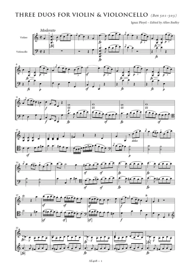 Artaria AE408 Pleyel 3 Duos für Violine und Cello