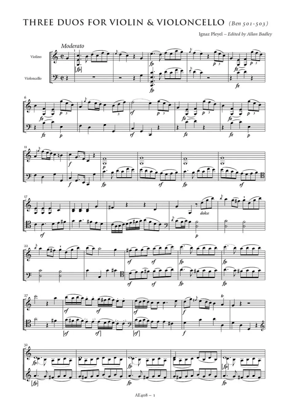 Artaria AE408 Pleyel 3 Duos für Violine und Cello