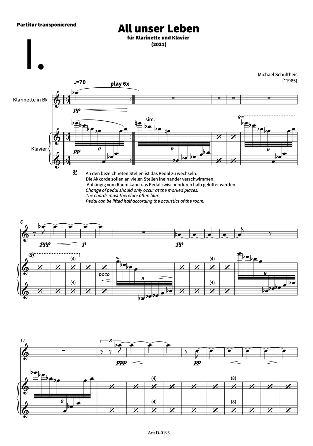 Are Musik Verlag Schultheis, Michael: All unser Leben Klarinette und Klavier Noten