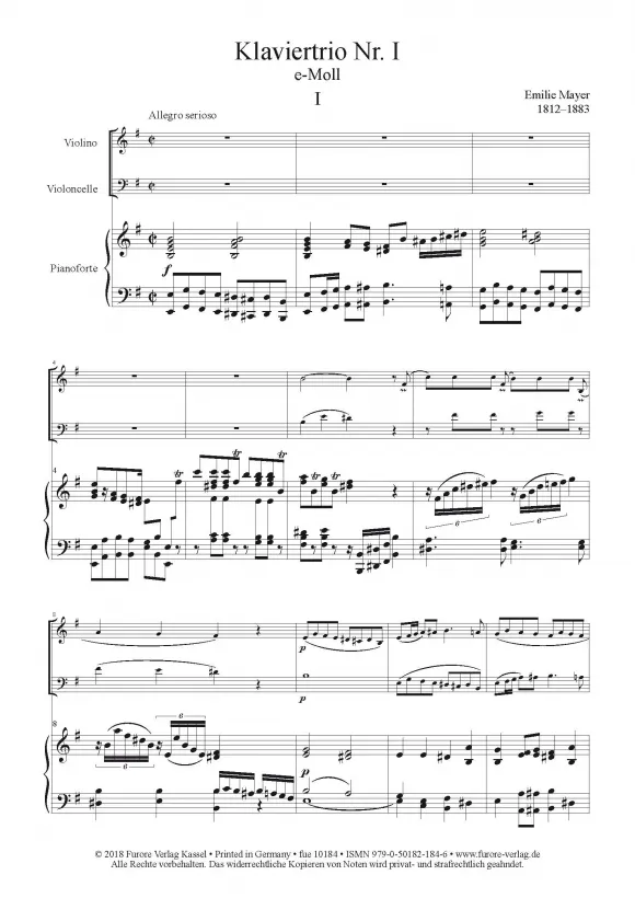 Furore Edition Klaviertrio Nr. 1 e-Moll Noten Partitur Stimmen