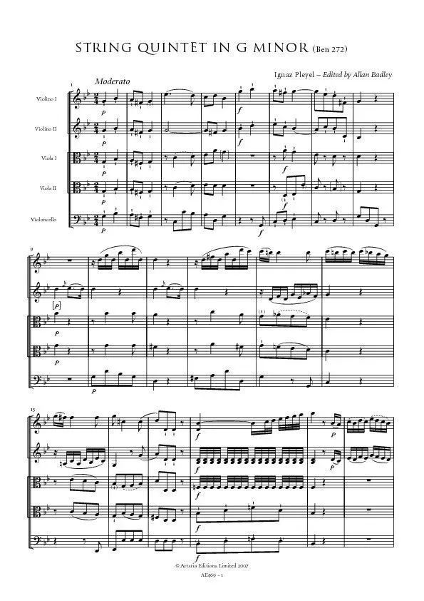 Artaria Pleyel Streichquintett g-Moll Benton 272 Noten