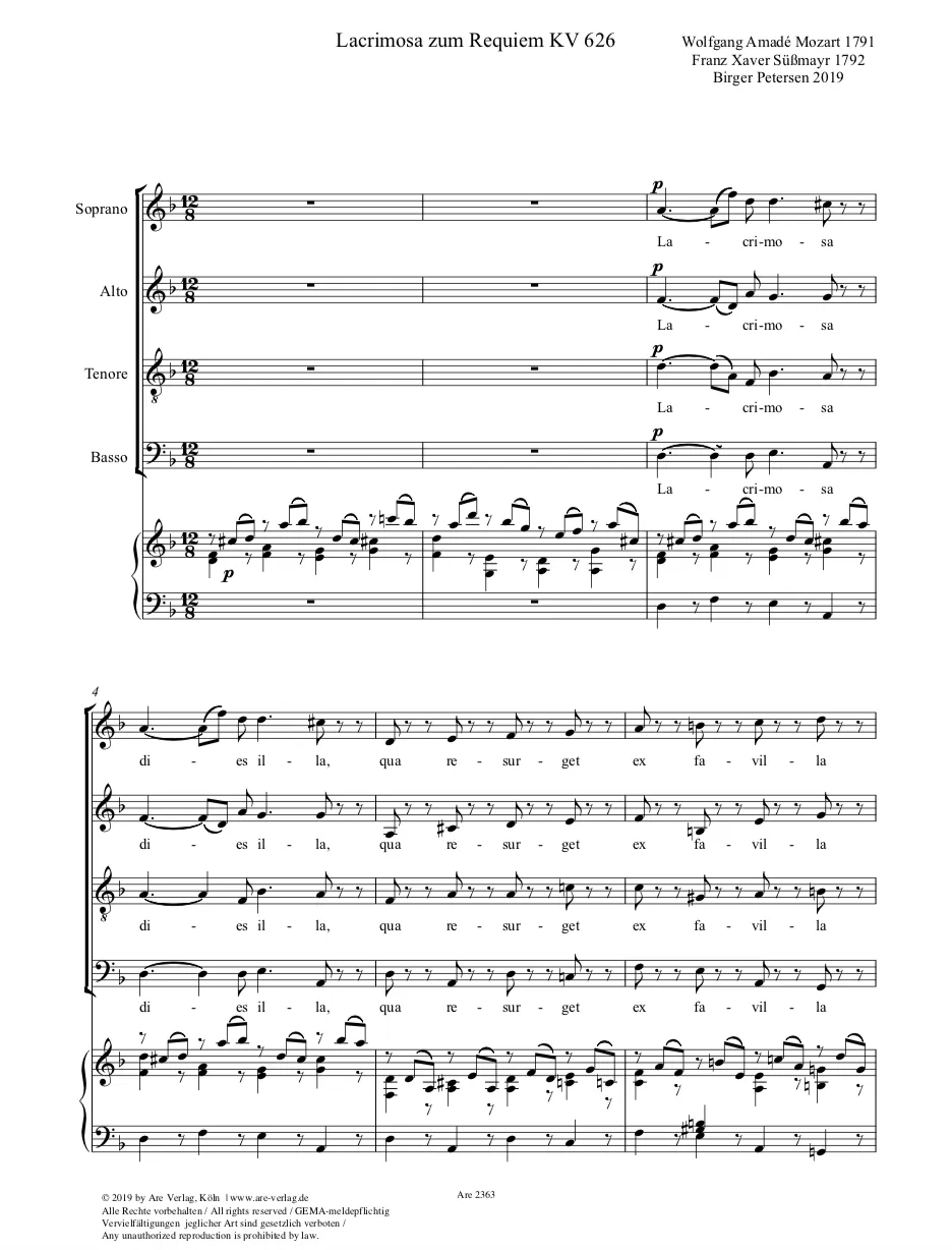 Are Musik Verlag Petersen Lacrimosa KV 626 Klavierauszug Chor