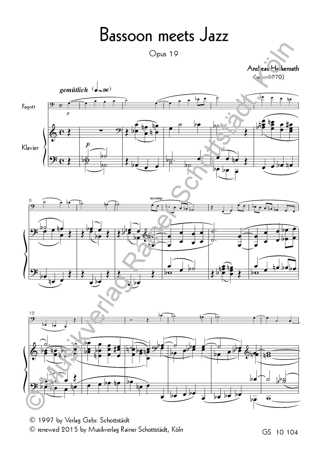 Musikverlag Rainer Schottstädt Bassoon meets Jazz op.19 Noten Fagott Klavier
