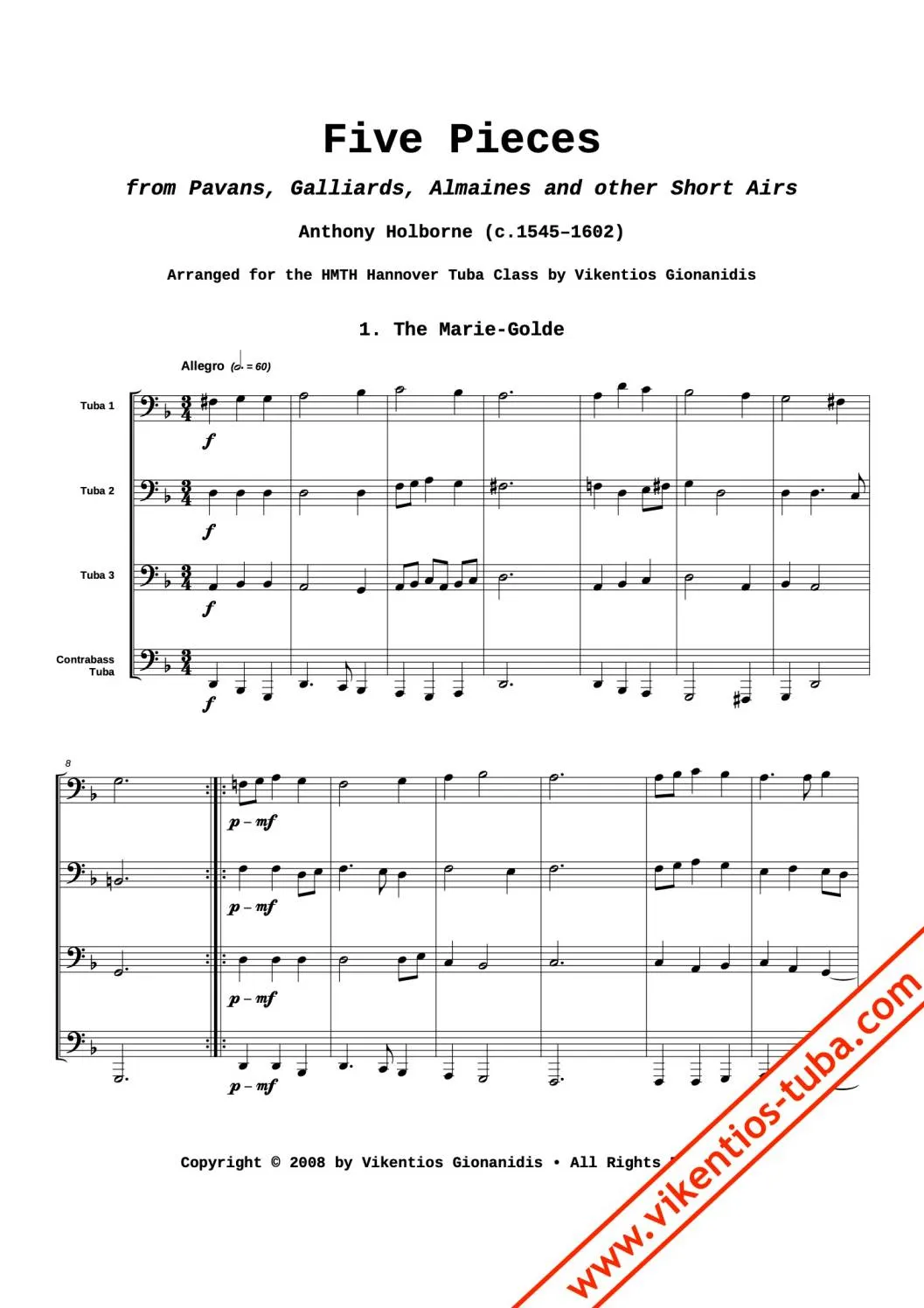 Vikentios Gionanidis Five Pieces Holborne Tubaquartett Noten