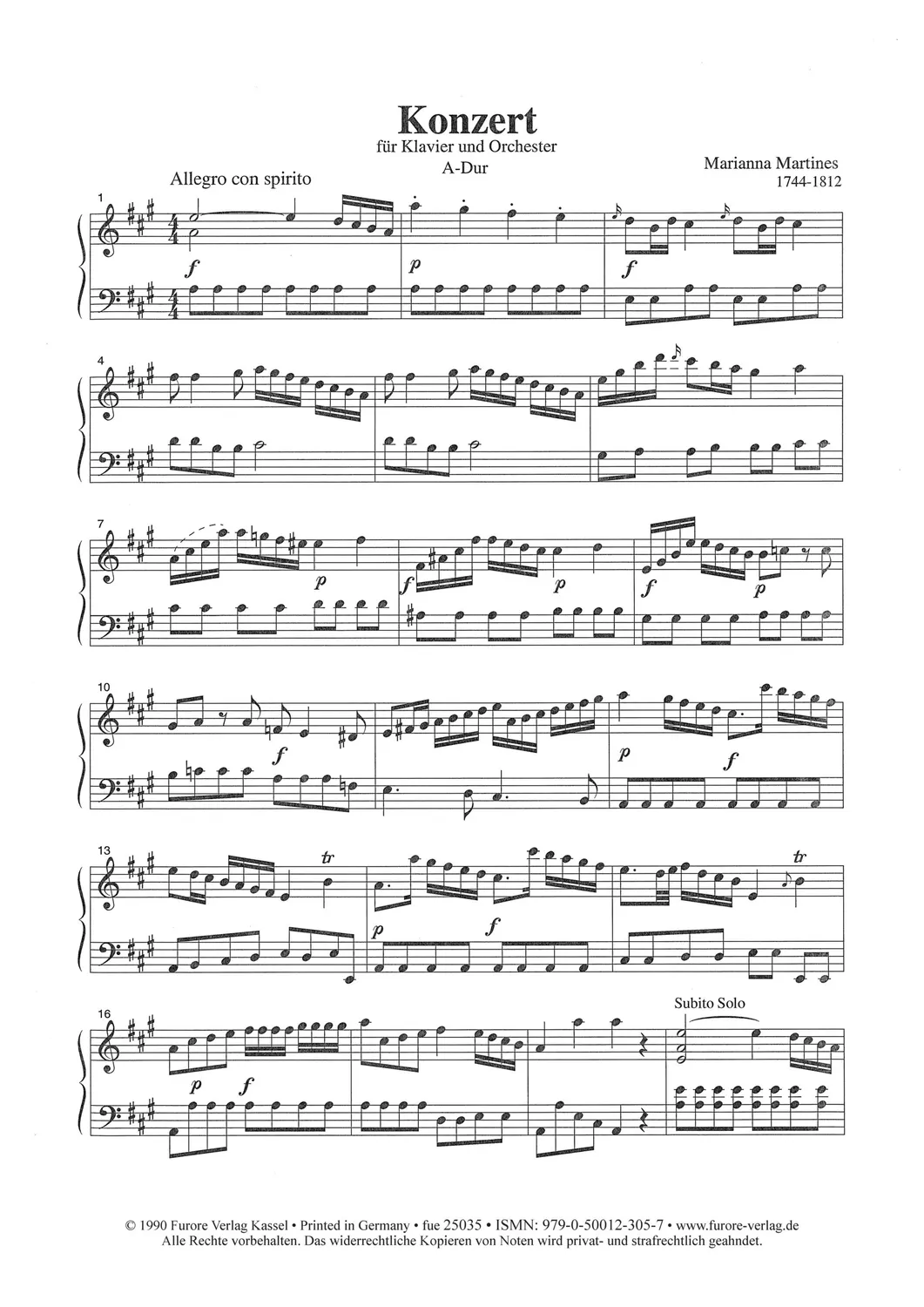 Furore Edition Marianna Martines Concerto A-Dur Klavierauszug schwer