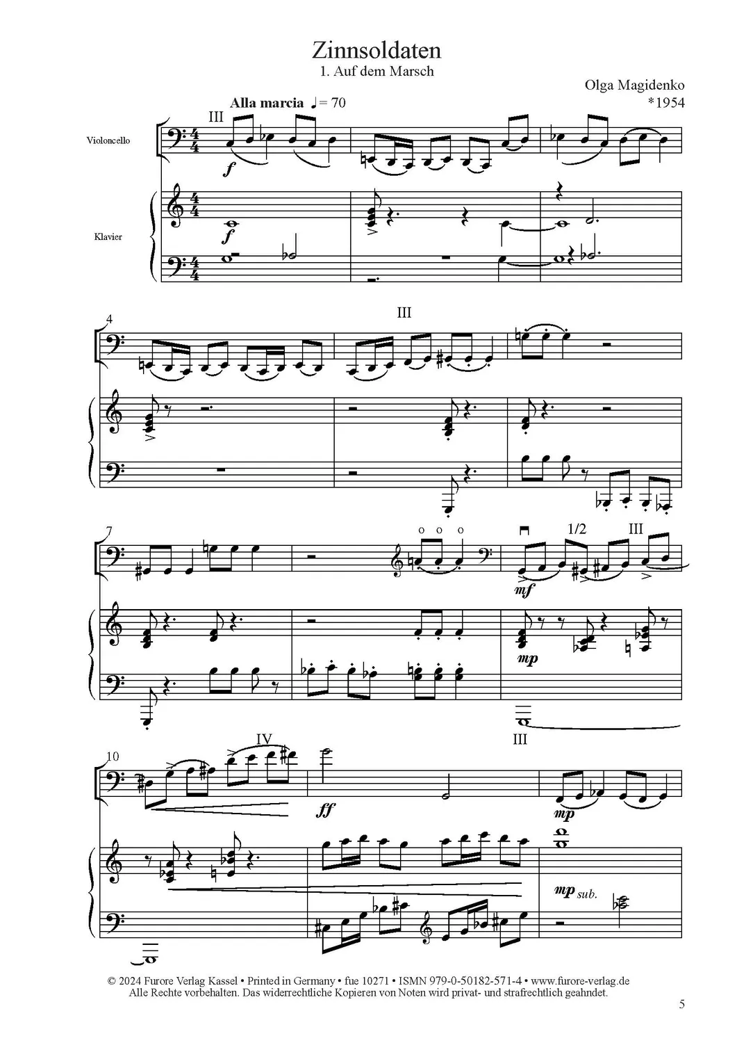 Furore Edition Zinnsoldaten Noten Cello Klavier Kinder