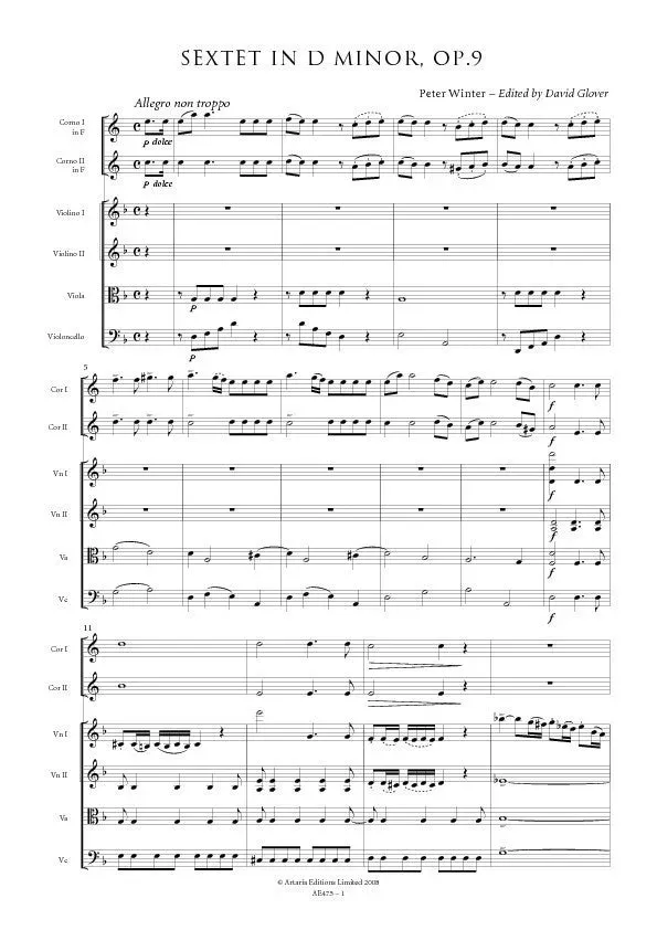 Artaria Winter Sextett d-Moll Op.9 Noten 2 Hörner