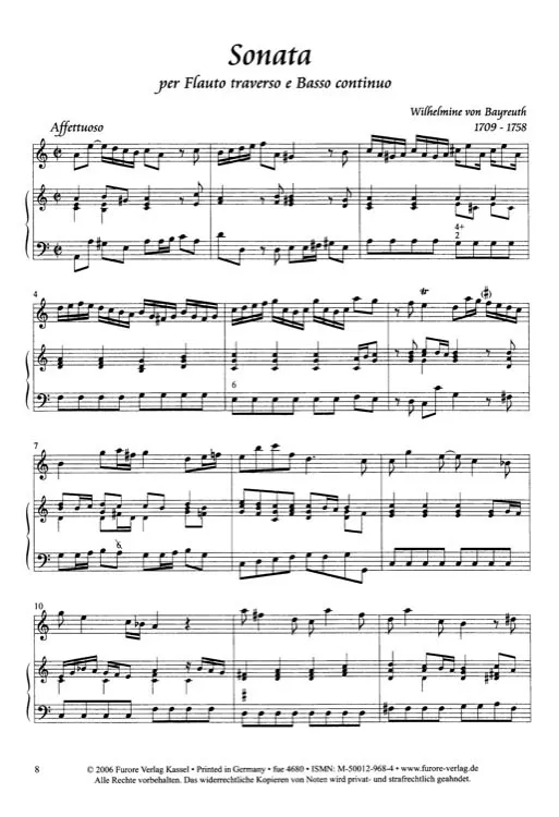 Furore Edition Sonata Flauto traverso Basso Flötennoten Partitur Stimmen