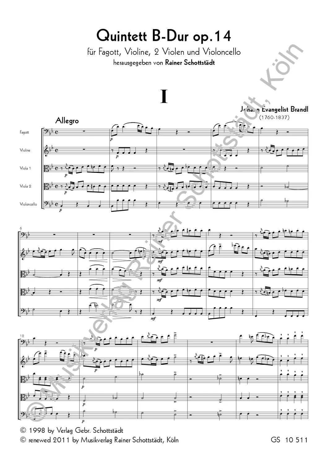 Musikverlag Rainer Schottstädt Quintett B-dur op.14 Noten Fg Streicher