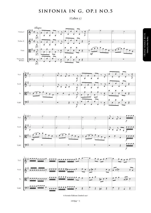 Artaria Beck Sinfonie in G-Dur Op. 1 Nr. 5 AE094 Noten