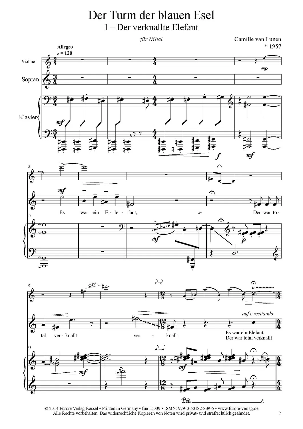 Furore Edition Turm der blauen Esel Sopran Klavier Noten