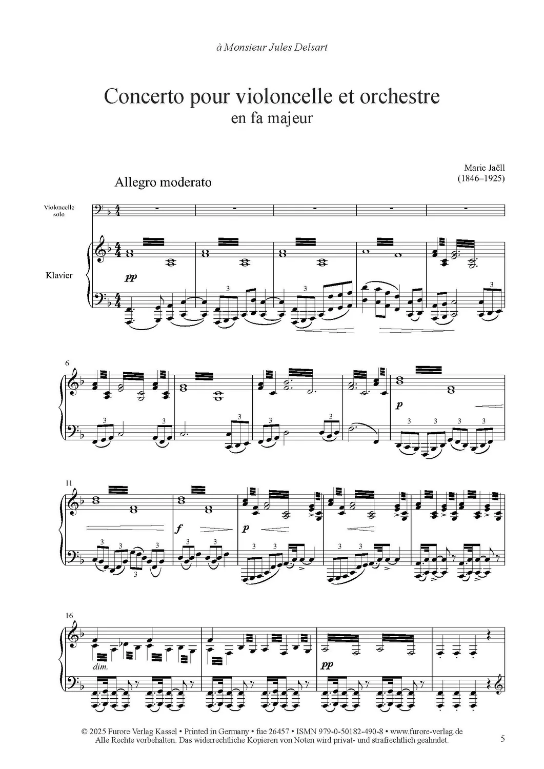 Furore Edition Concerto for Violoncello and Orchestra f major (1882) Piano Score Klavierauszug