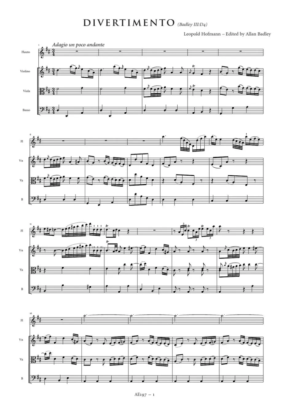 Artaria Hofmann Divertimento D-Dur Badley III:D4 Kammermusik