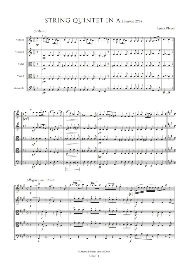 Artaria Pleyel Streichquintett A-Dur Benton 276 AE622