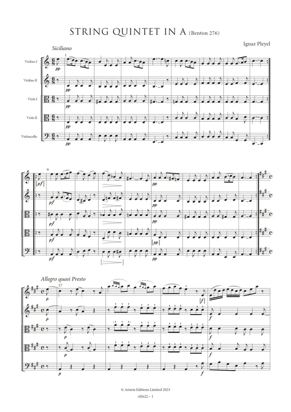 Artaria Pleyel Streichquintett A-Dur Benton 276 AE622