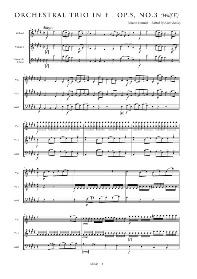Artaria Stamitz Orchestertrio E-Dur op. 5 Nr. 3 Partitur