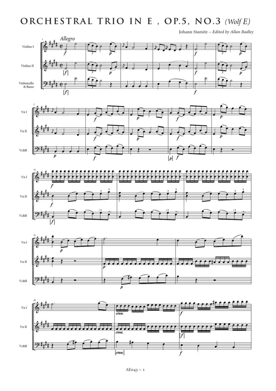 Artaria Stamitz Orchestertrio E-Dur op. 5 Nr. 3 Partitur