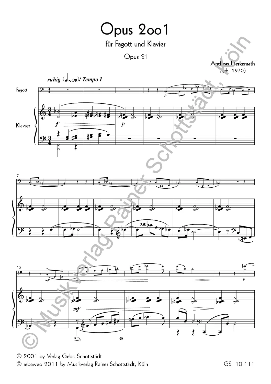 Musikverlag Rainer Schottstädt Opus 2oo1 op.21 Noten Fagott Klavier