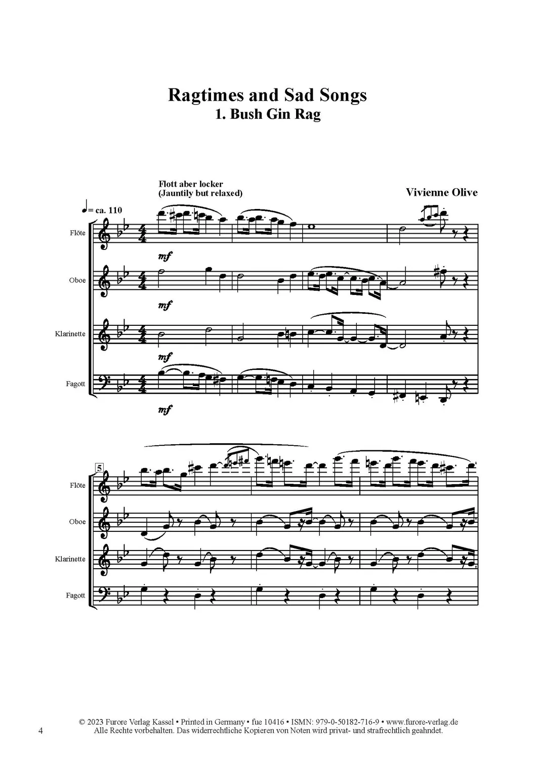 Furore Edition Ragtimes and Sad Songs Noten für Bläserquintett