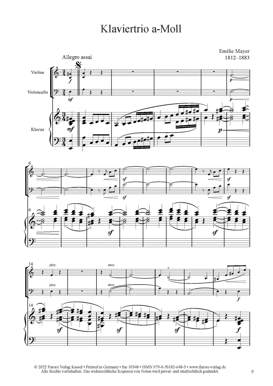 Furore Edition Piano trio in A minor Noten Violine Cello Klavier