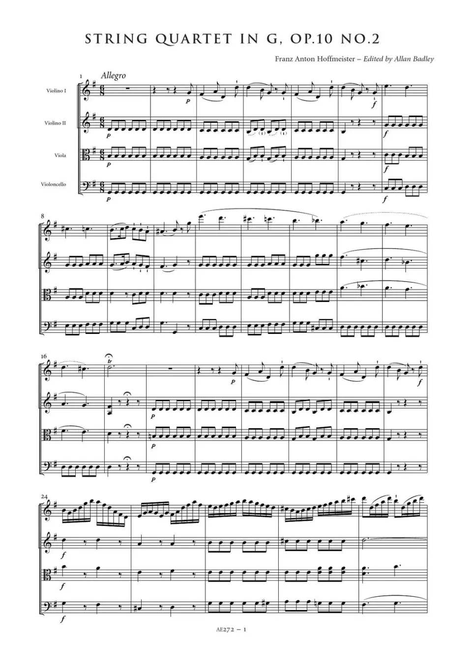 Artaria String Quartet in G major, Op. 10, No. 2 AE272 Noten