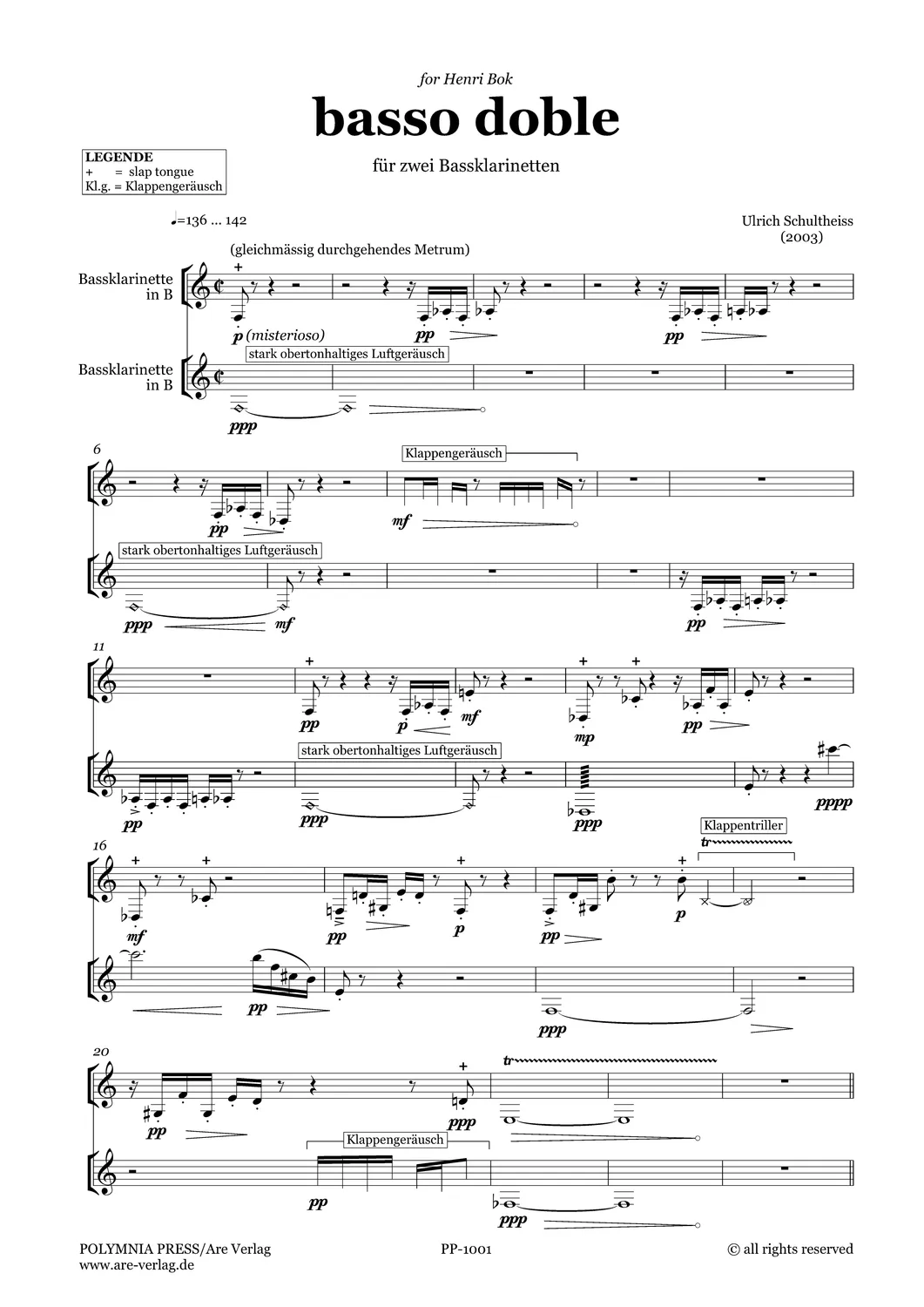 Are Musik Verlag Ulrich Schultheiss: „basso doble“ für zwei Bassklarinetten (2003) Noten