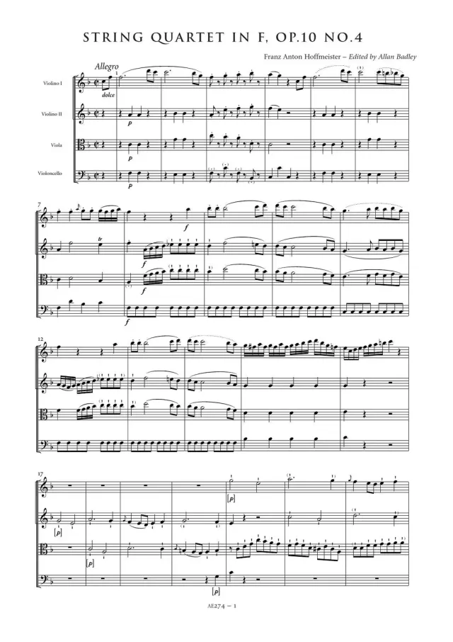 Artaria Hoffmeister Streichquartett F-Dur op. 10 Nr. 4