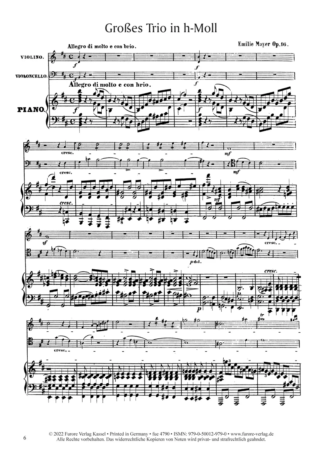 Furore Edition Trio in D minor op. 16 Klaviertrio Reprint