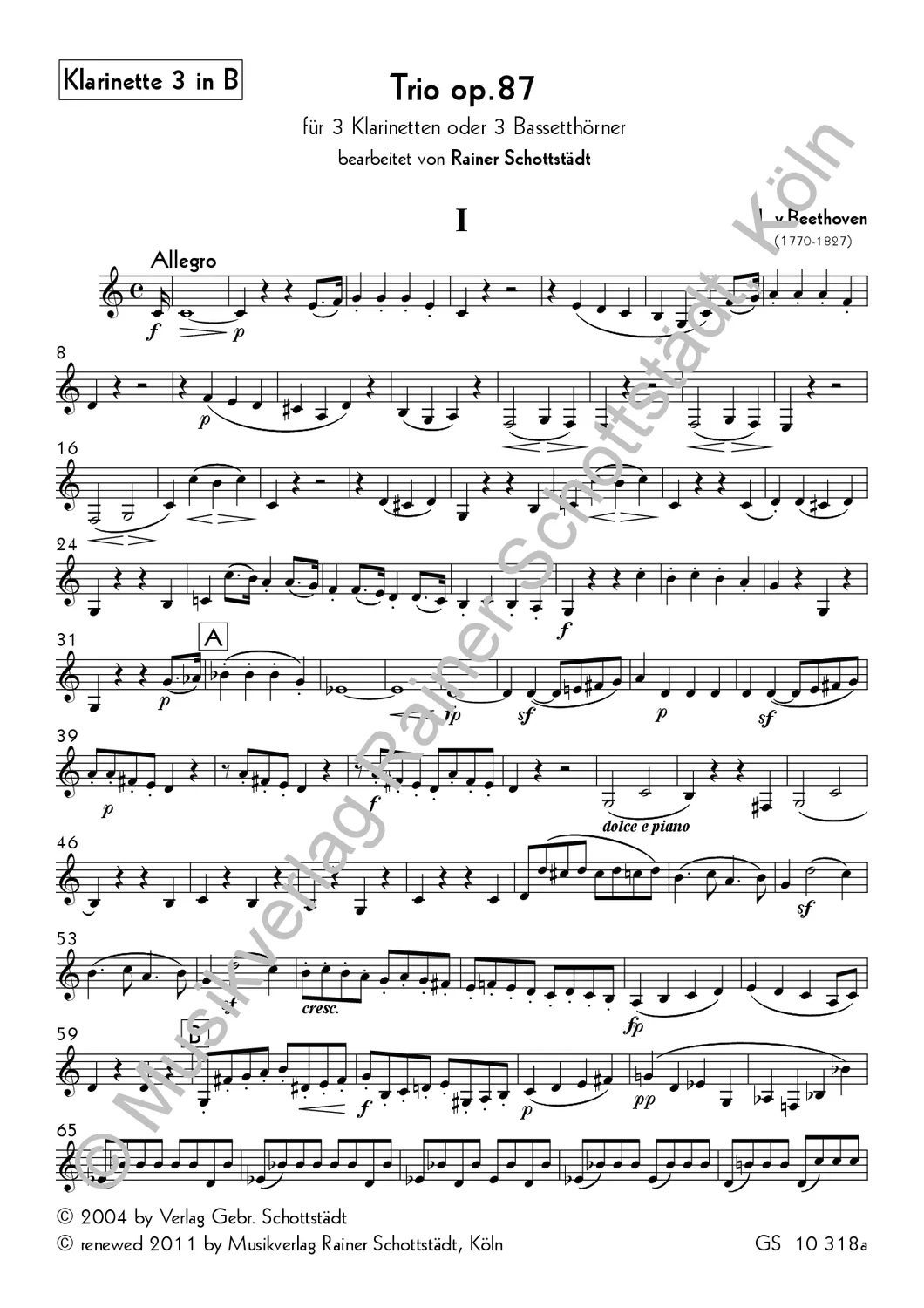 Musikverlag Rainer Schottstädt Trio B-dur op. 87 Noten für 3 Klarinetten