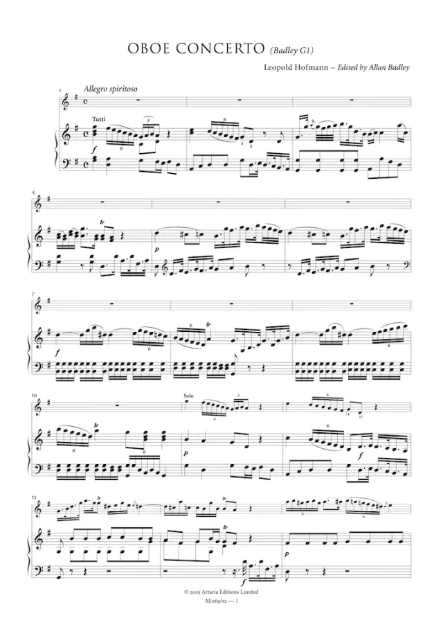 Artaria Hofmann Oboenkonzert G-Dur Badley G1 AE069 Studienausgabe