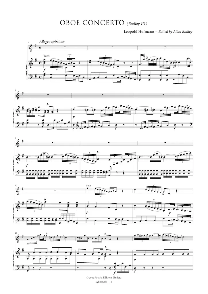 Artaria Hofmann Oboenkonzert G-Dur Badley G1 AE069 Studienausgabe