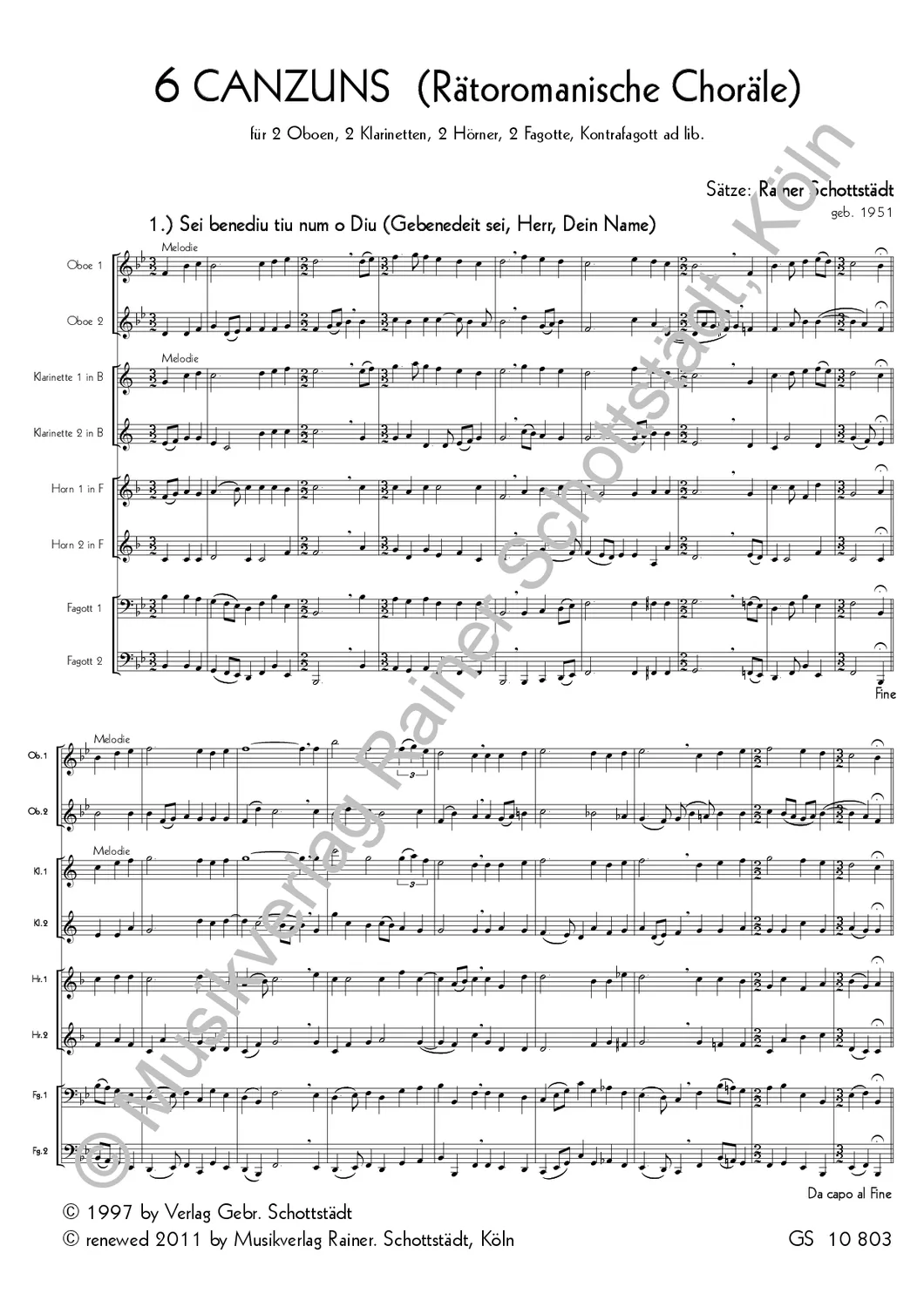 Schottstädt 6 Canzuns Noten Bläseroktett Oboe Klarinette Horn Fagott