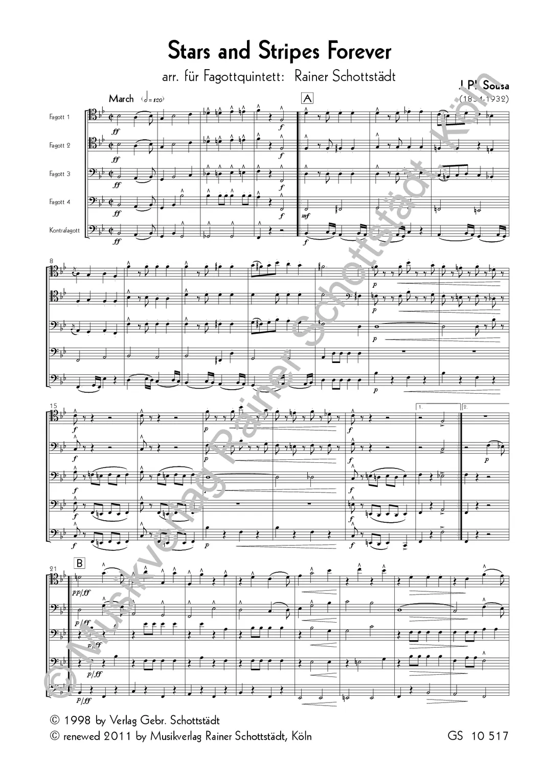 Musikverlag Rainer Schottstädt Stars and Stripes forever Noten Fagottquintett