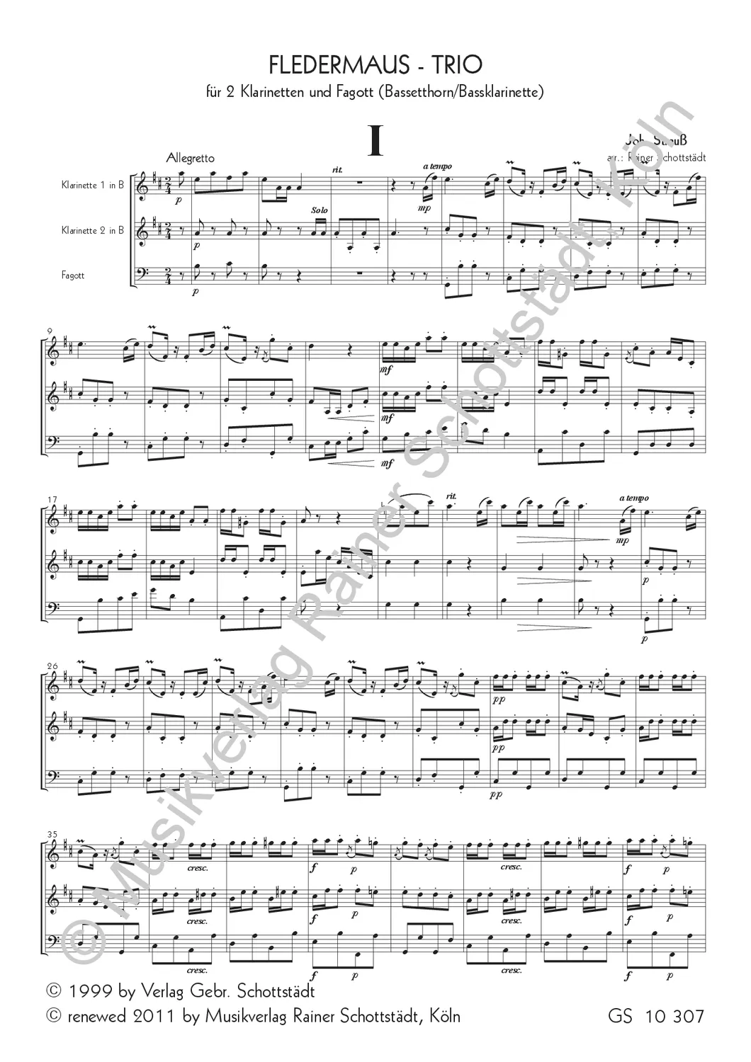 Musikverlag Rainer Schottstädt Fledermaus-Trio Noten für 2 Klarinetten und Fagott