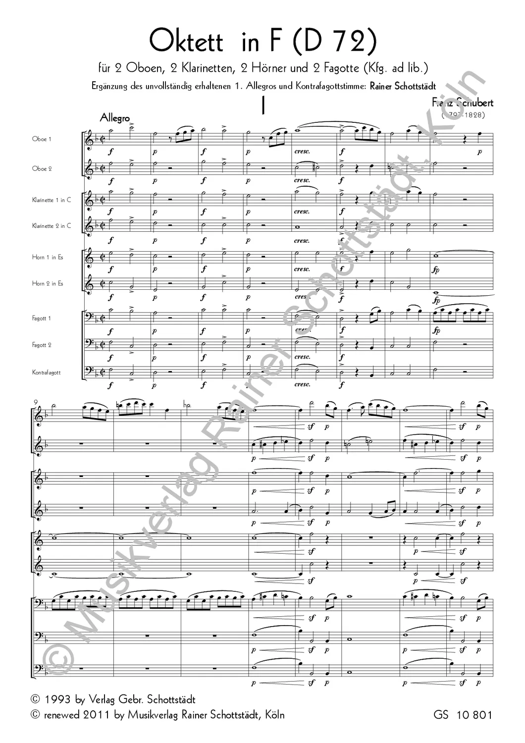 Musikverlag Rainer Schottstädt Oktett in F D 72 Noten für Bläseroktett