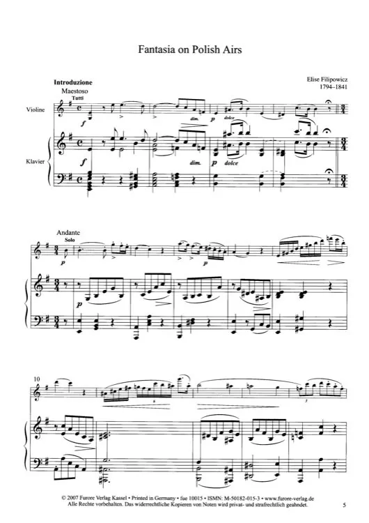 Furore Edition Fantasie polnische Lieder Noten Violine Klavier