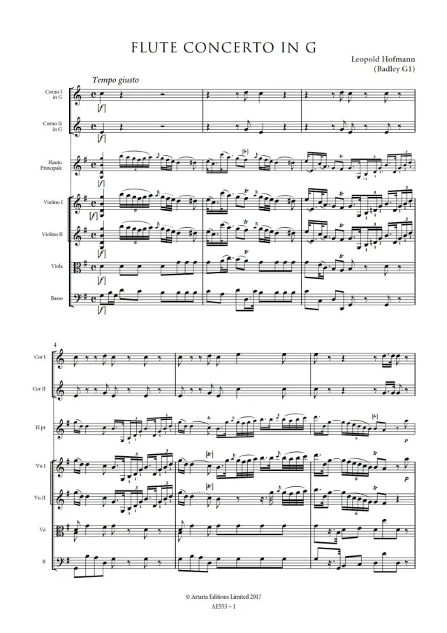 Artaria Flute Concerto in G major (Badley G1) AE553 Partitur