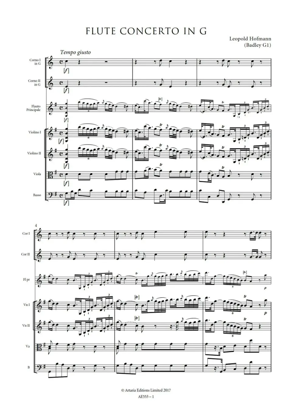 Artaria Flute Concerto in G major (Badley G1) AE553 Partitur