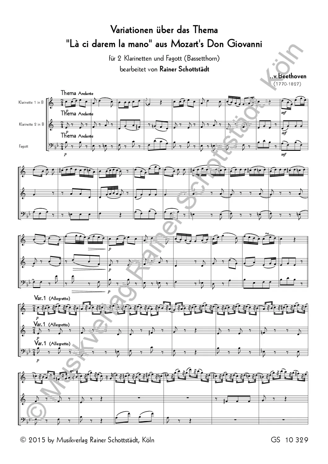 Musikverlag Rainer Schottstädt Variationen Là ci darem Noten 2Cl Fg