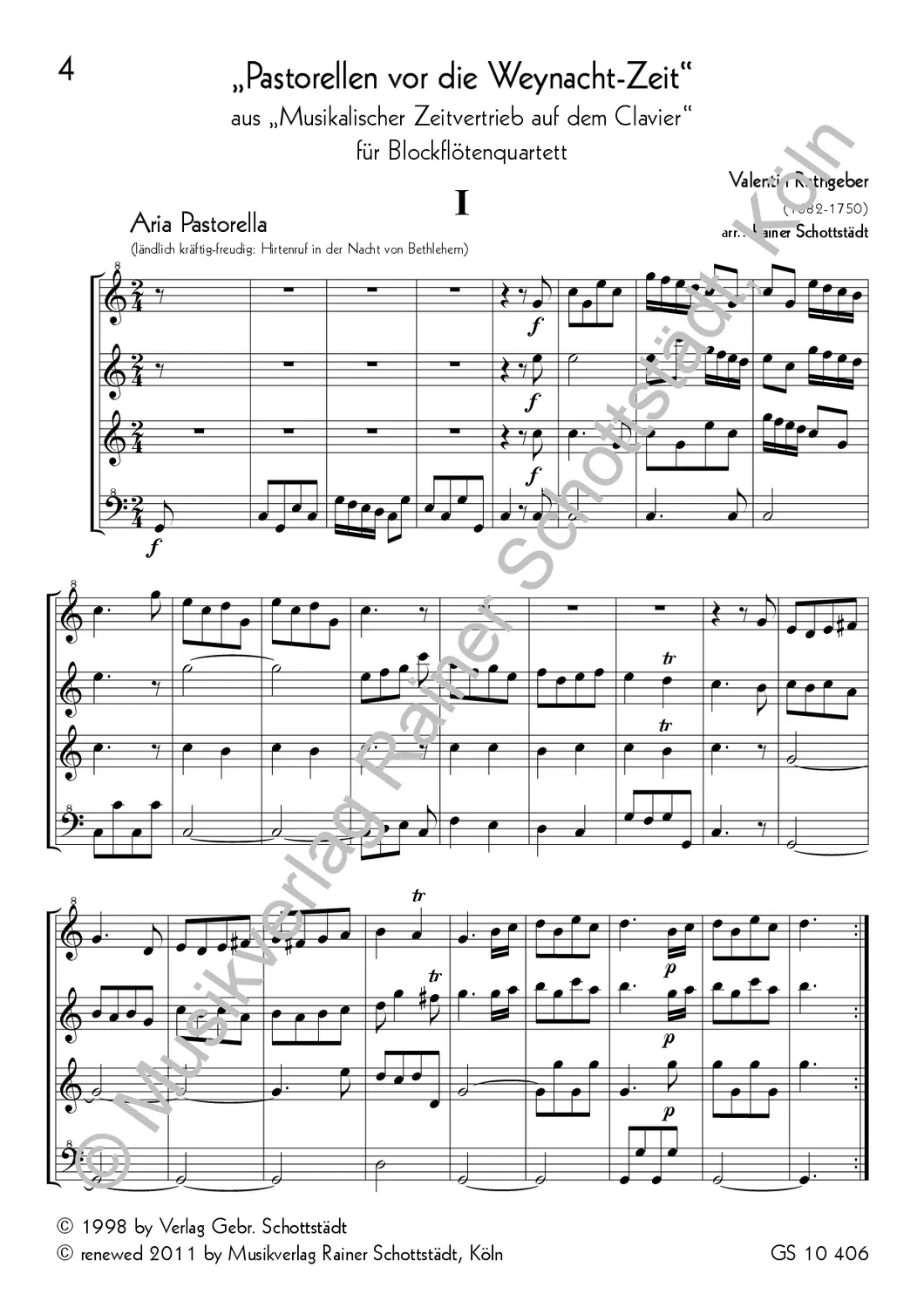 Musikverlag Rainer Schottstädt Pastorellen vor die Weynacht-Zeit Noten