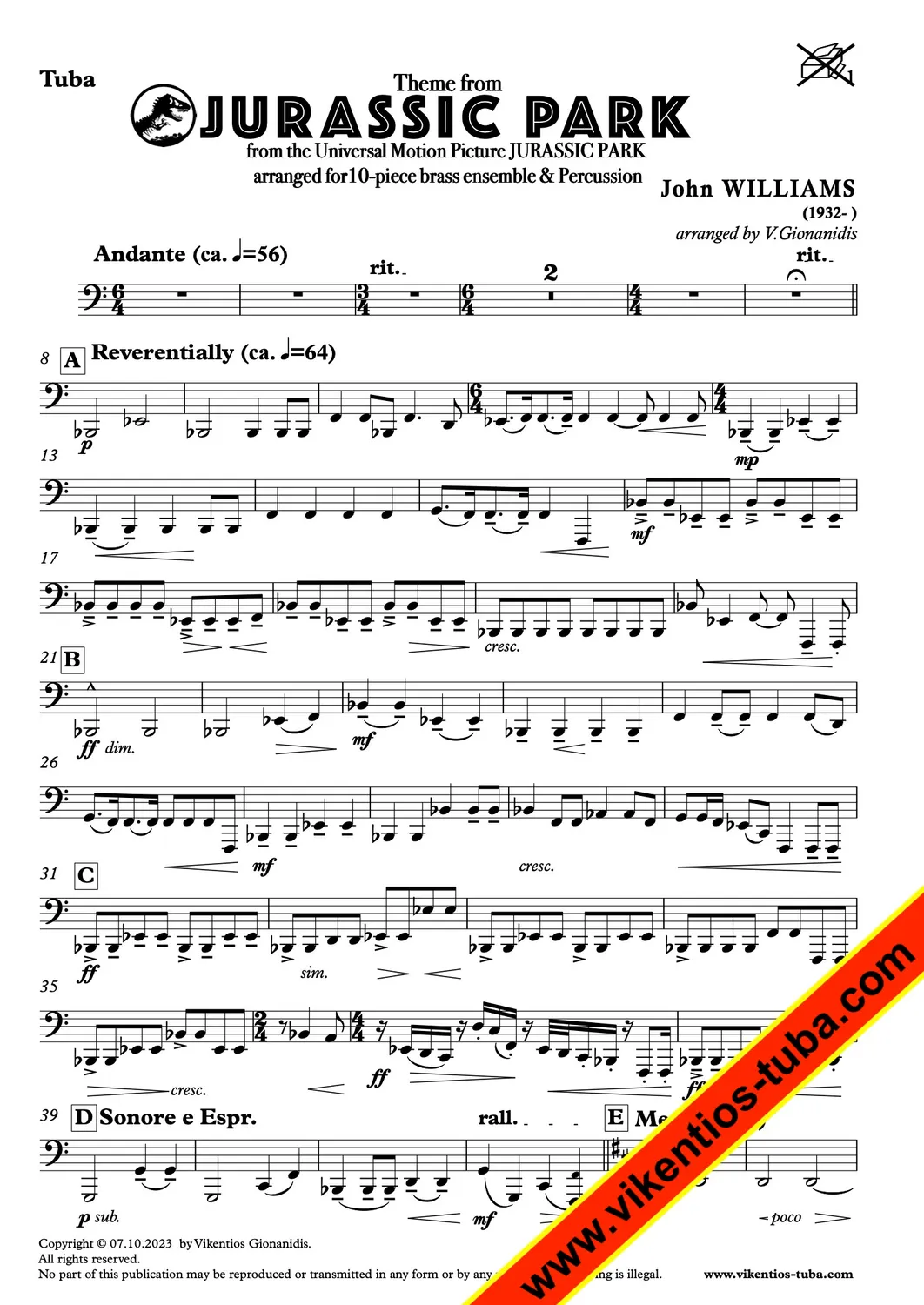 Vikentios Gionanidis JURASSIC PARK THEME Noten Blechbläserensemble 10 Stimmen