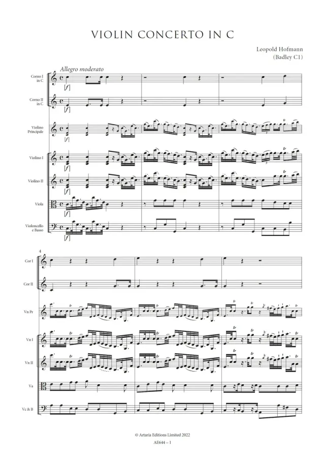 Artaria Hofmann Violinkonzert C-Dur Badley C1 AE644 Noten
