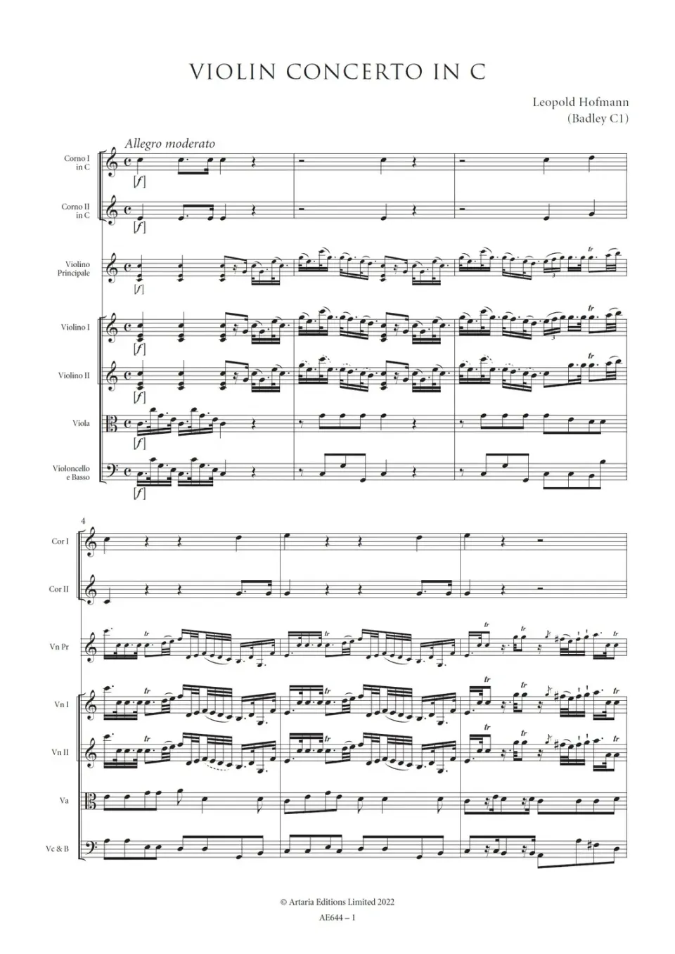 Artaria Hofmann Violinkonzert C-Dur Badley C1 AE644 Noten