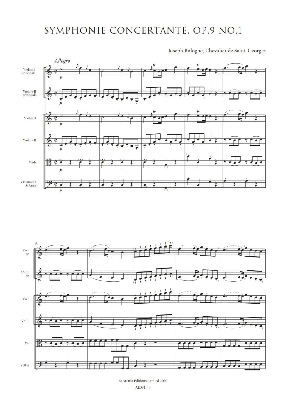 Artaria Saint-Georges Symphonie Concertante in C major, Op.9 No.1 Partitur