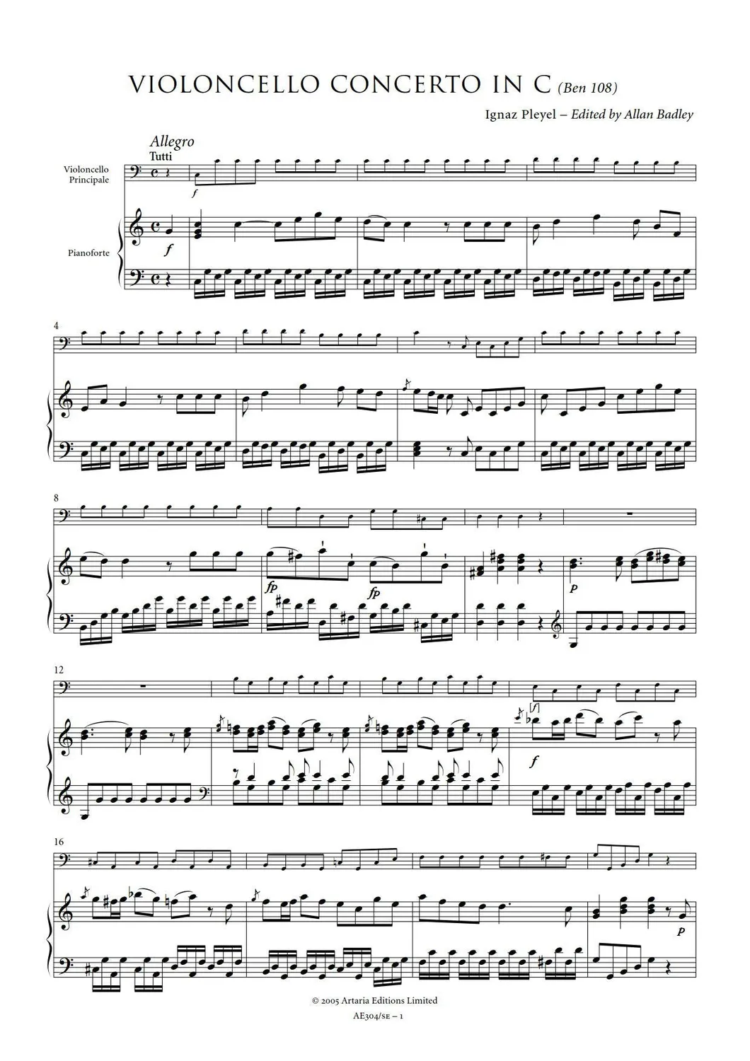 Artaria Pleyel Cello Concerto C-Dur B108 AE304 Partitur