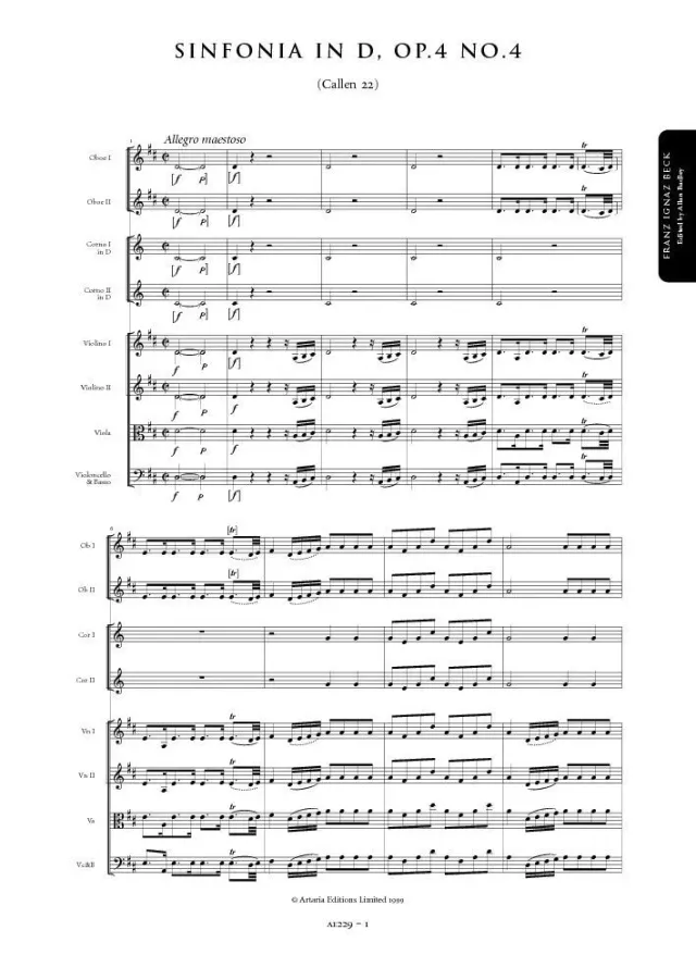 Artaria Beck Symphony in D major, Op. 4, No. 4 (Callen 22) Sinfonie Partitur
