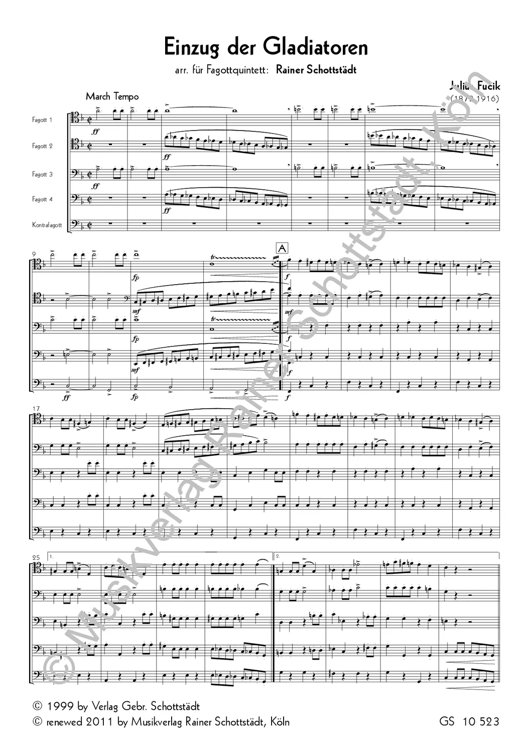 Musikverlag Rainer Schottstädt Einzug der Gladiatoren Noten für Fagottquartett