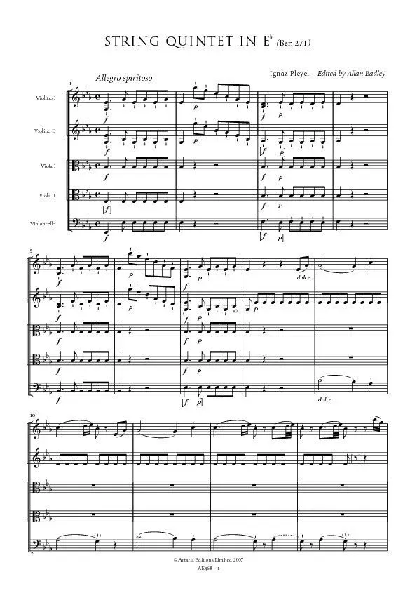 Artaria Pleyel Streichquintett Es-Dur Benton 271 Noten