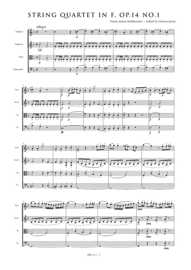 Artaria Hoffmeister Streichquartett F-Dur Op.14 Nr.1 Stimmen