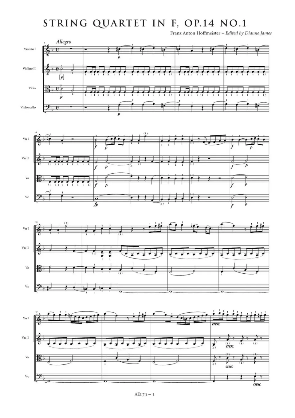 Artaria Hoffmeister Streichquartett F-Dur Op.14 Nr.1 Stimmen